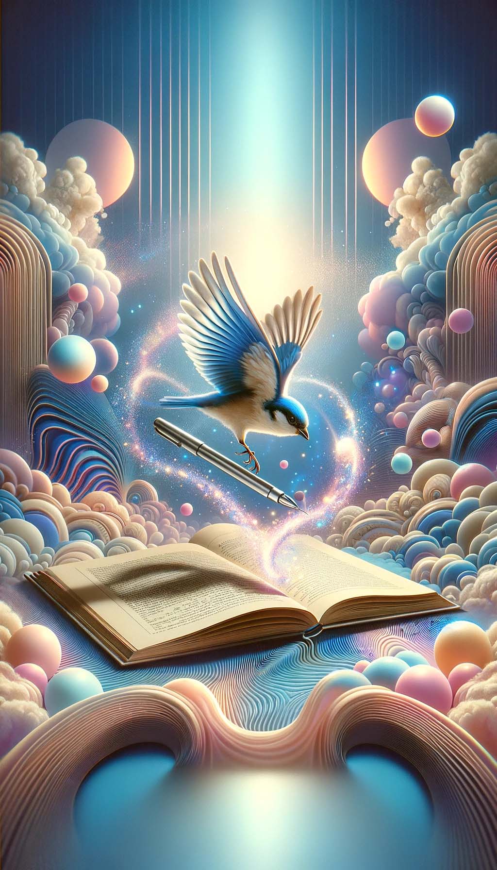 surreal scene sparrow diving into book